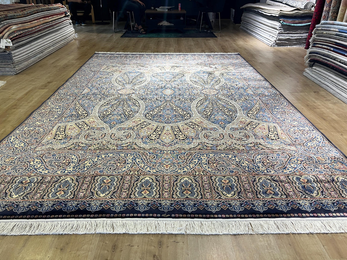 Blue Gold Silk Palace Rug, 8x11 ft, Traditional Turkish Carpet