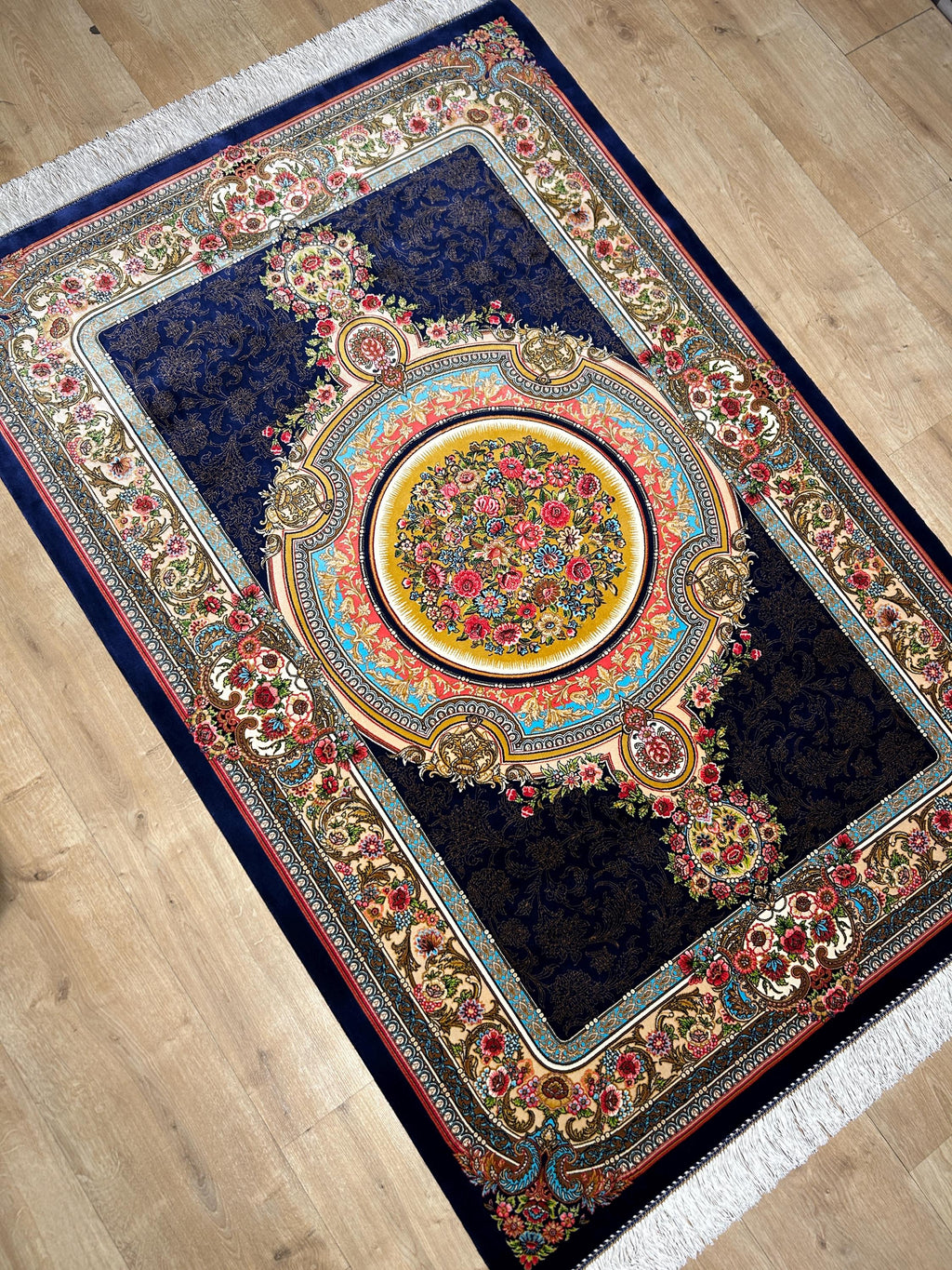 Navy Blue Silk Rug, Gold Floral Medallion Design, Classic Luxury Rug