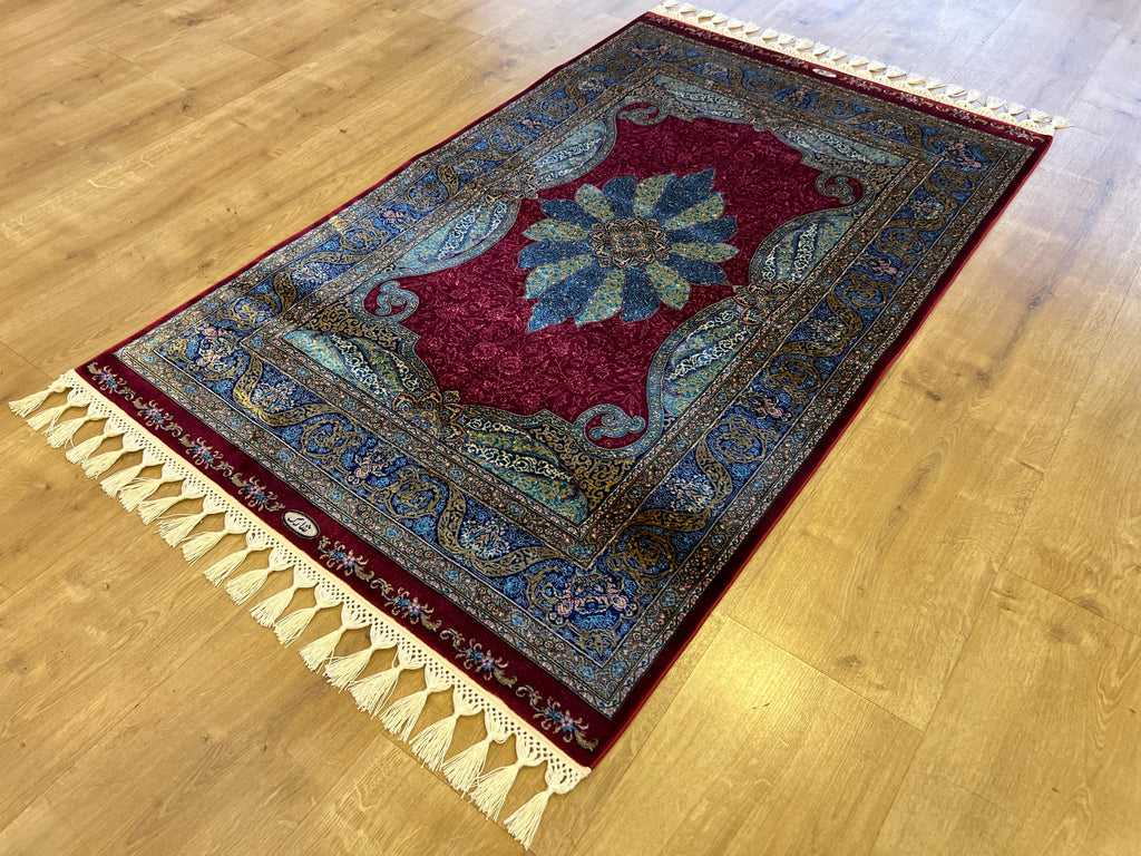 Red Silk Rug with Blue Medallion Pattern, Small Silk Carpet