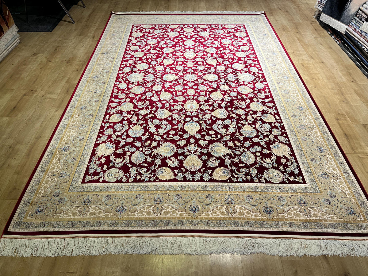 7x10ft Red Floral Silk Rug, Traditional Bordered Rug, Luxury Home Decor