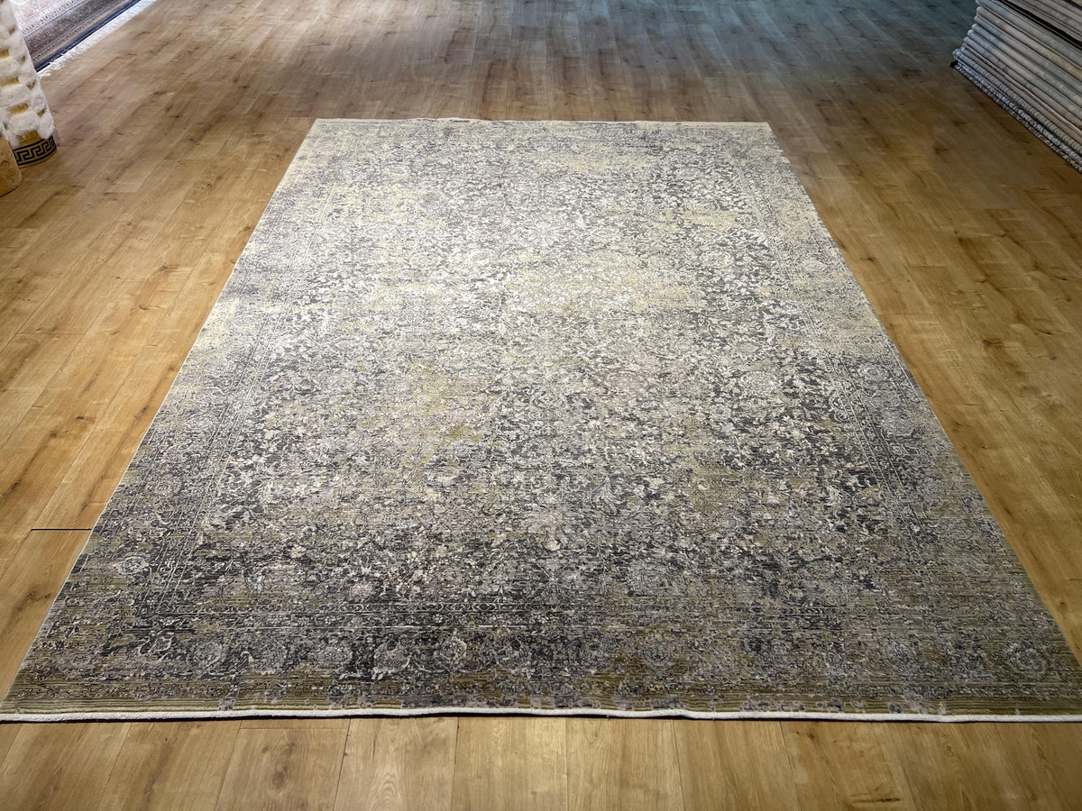 7x10 Ft Gray Yellow Bamboo Rug with Antique Distressed Pattern
