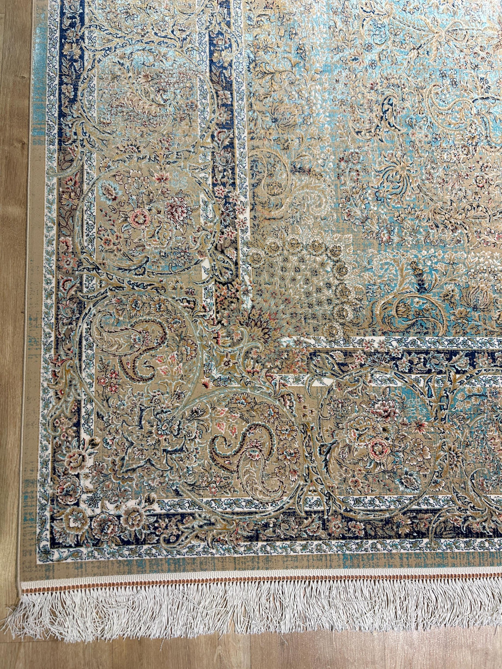 Beige Blue Silk Rug, Classic Silk Carpet with Distressed Pattern