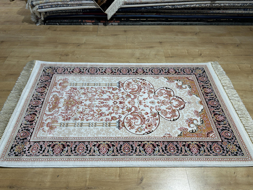 2.55x4.10 Ft Ivory Black Pink Silk Prayer Rug, Muslim Gift Prayer Mat