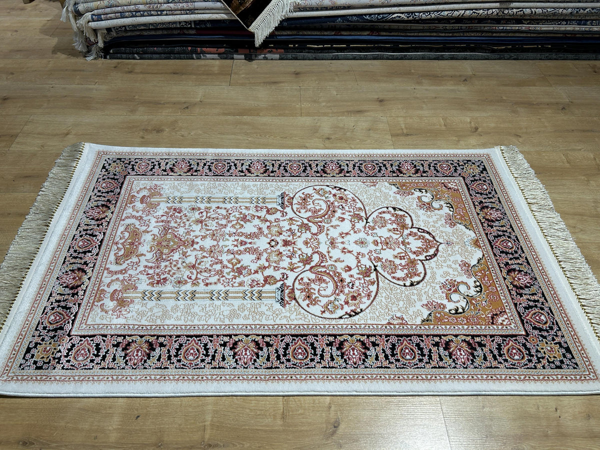 2.55x4.10 Ft Ivory Black Pink Silk Prayer Rug, Muslim Gift Prayer Mat