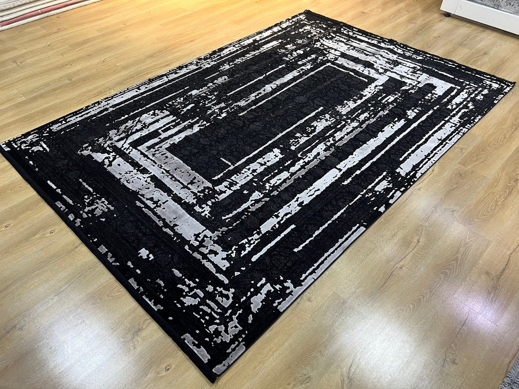 7x10 Ft Black Ethnic Distressed Bamboo Rug with Gray Modern Lines