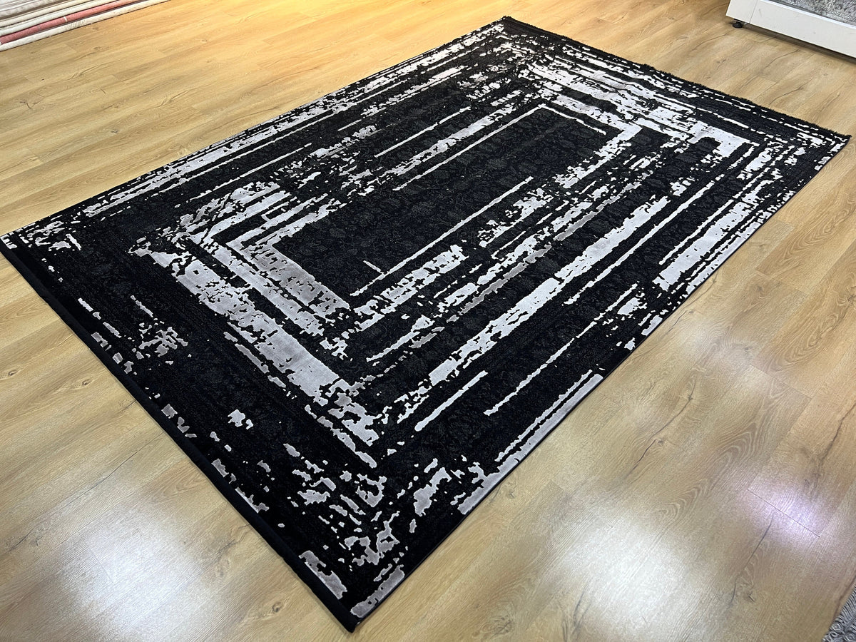 7x10 Ft Black Ethnic Distressed Bamboo Rug with Gray Modern Lines