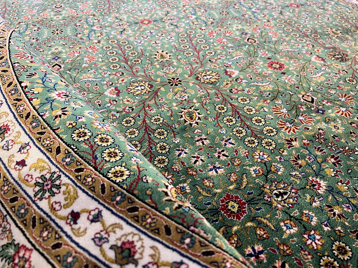 Green Beige Silk Circle Rug, Turkish Carpet, 5.24 ft