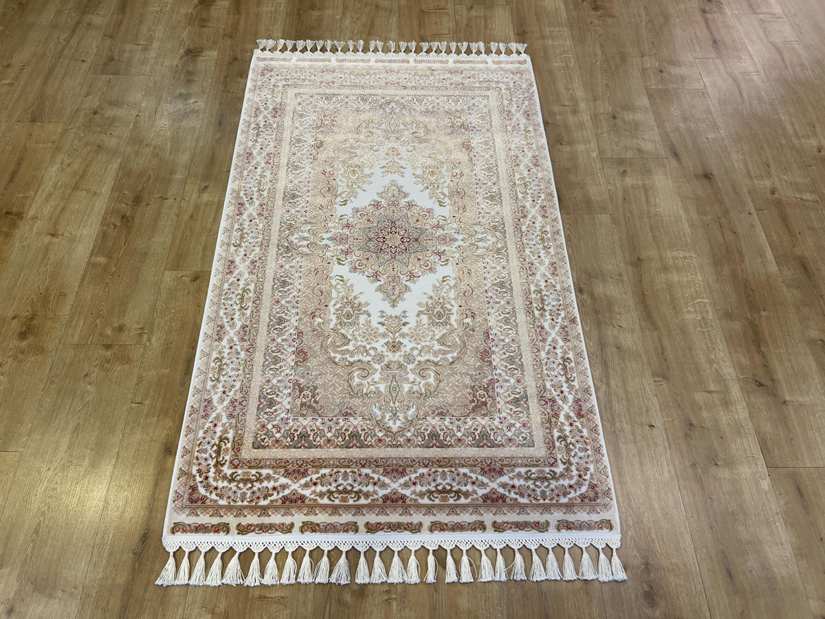 Cream Silk Bamboo Rug with Gold Medallion, 3x5 ft, Classic Luxury Small Rug