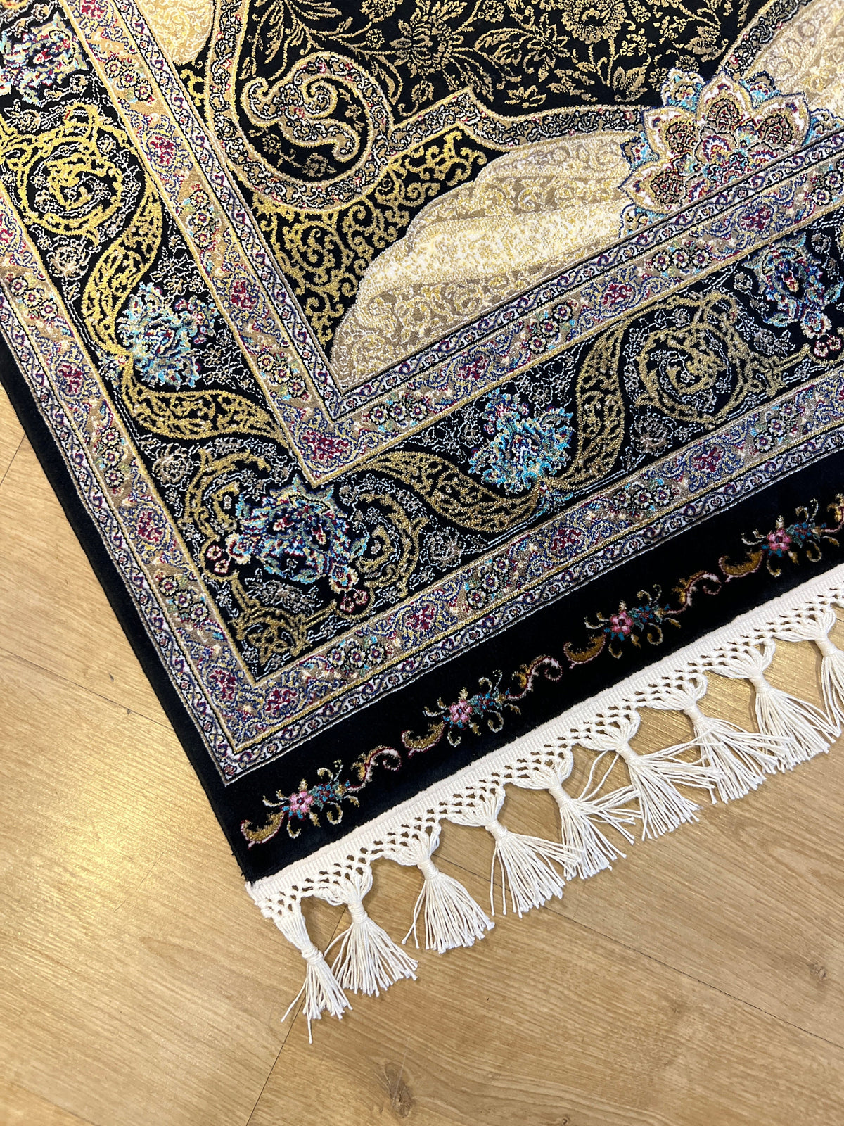 Black Gold Medallion Silk Runner Rug, 3x10 ft, Classic Luxury Hallway Rug