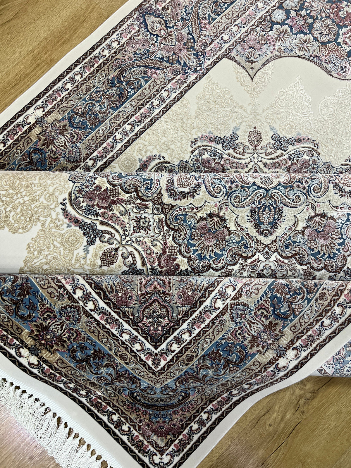 Ivory Blue Silk Rug, Medallion Design Luxury Carpet