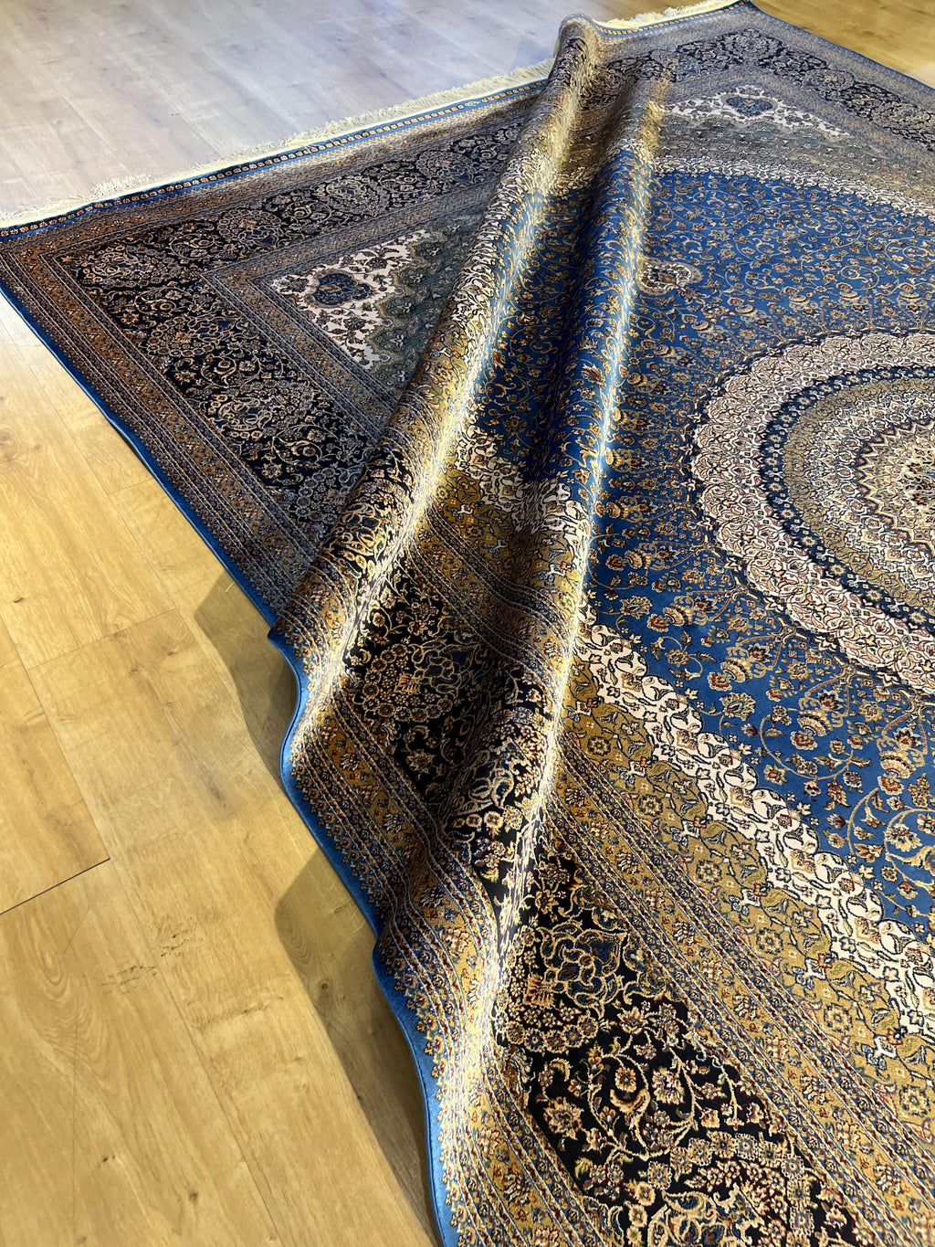 Blue Beige Silk Palace Rug, Traditional Turkish Carpet (8x11 ft)
