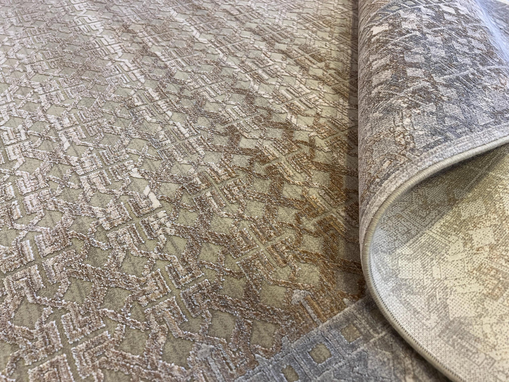 7x10 ft Gray Gold Geometric Bamboo Rug with Ethnic Modern Patterns