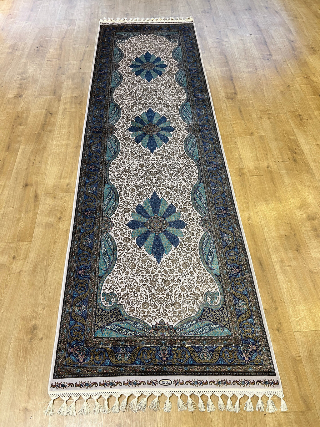 Turquoise Gold Medallion Silk Runner Rug, 3x10 ft, Classic Luxury Hallway Rug