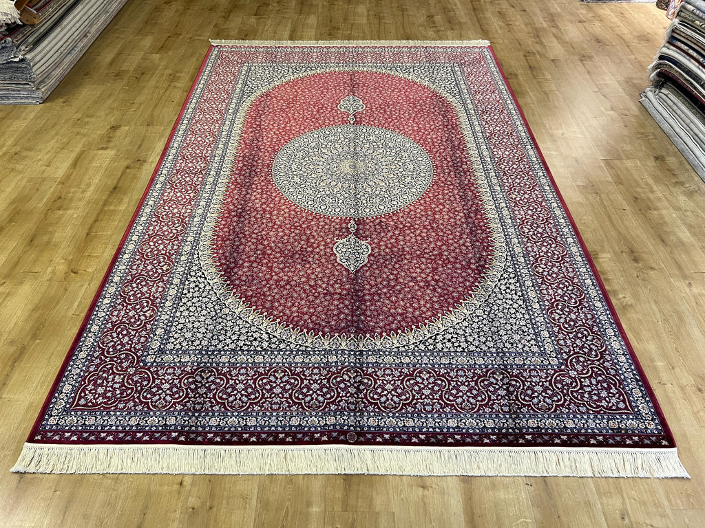 7x10 ft Red Silk Rug, Classic Medallion Design, Luxury Silk Carpet