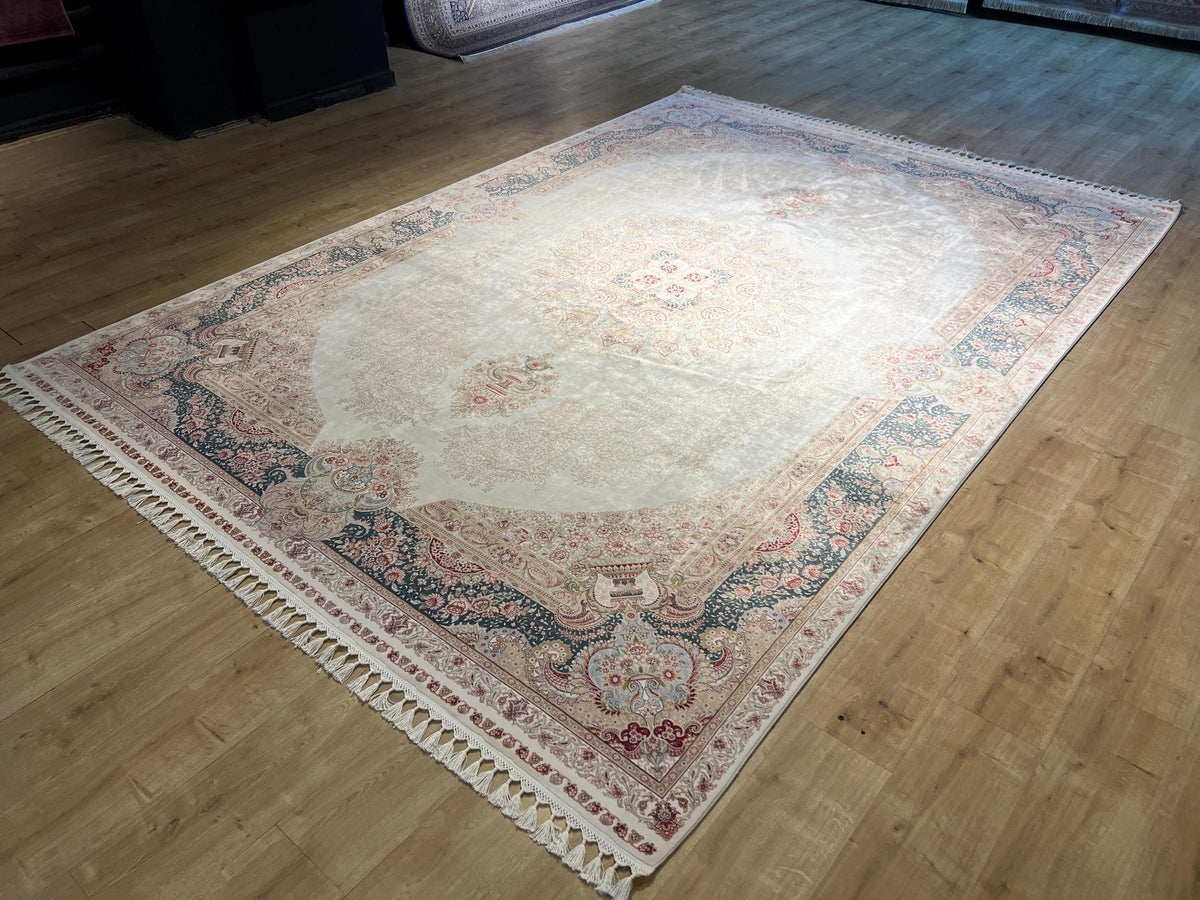 Cream Blue Silk Rug, Turkish Ottoman Style, 8x11 ft