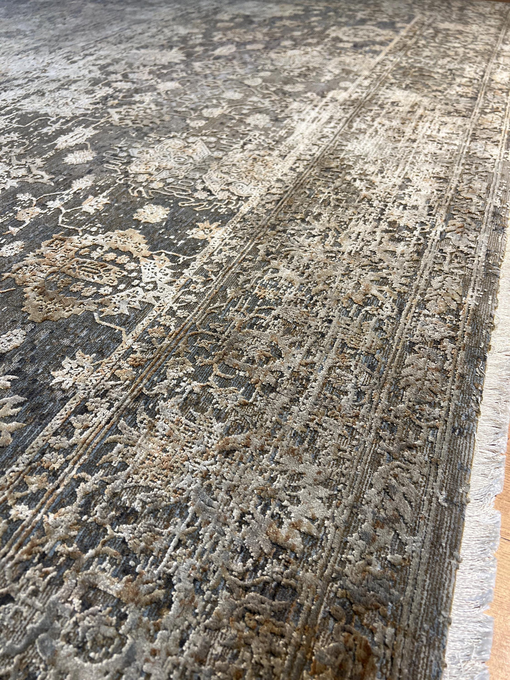 8x11 ft Brown Gray Bamboo Rug with Antique Distressed Floral Pattern