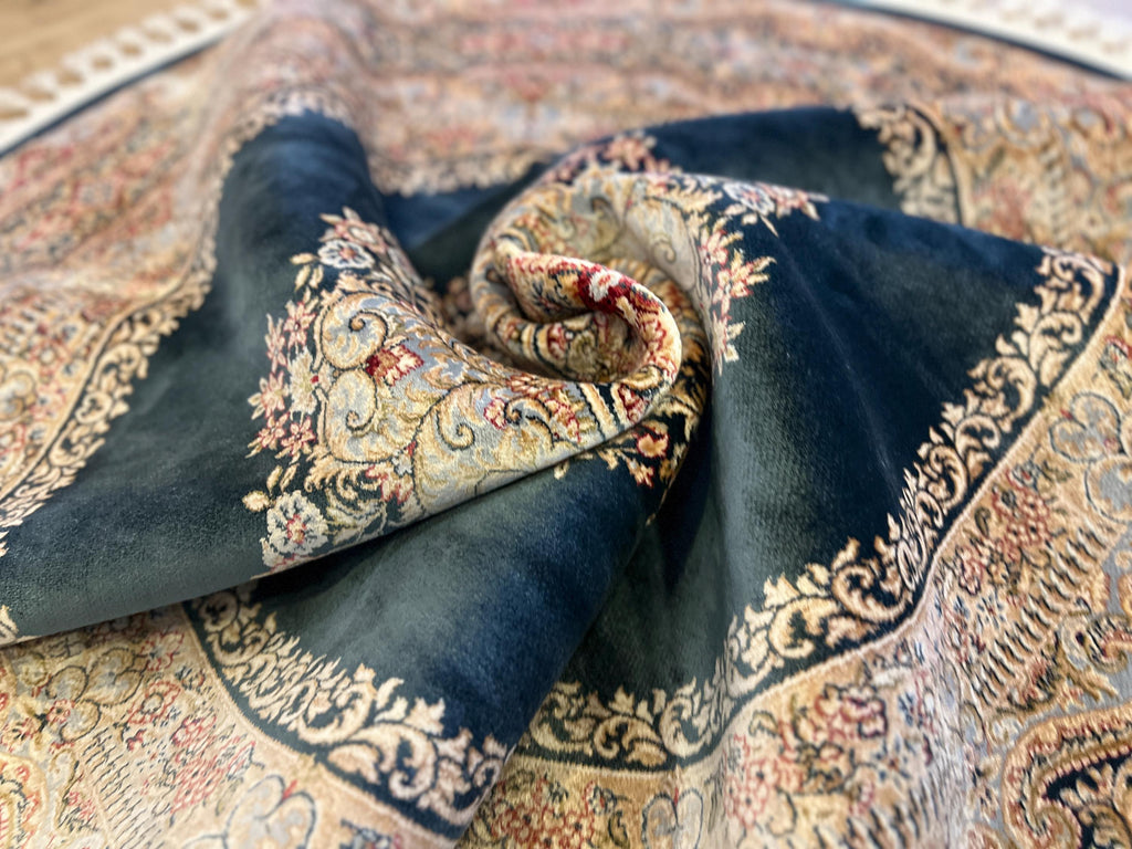 Blue Round Silk Rug, Medallion Design Turkish Carpet
