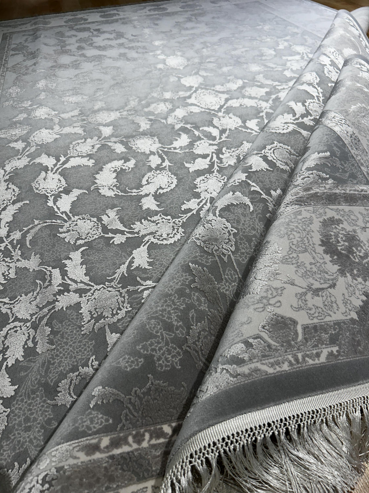 Gray Silk Bamboo Rug, 7x10 ft, Floral Pattern Bordered Turkish Rug
