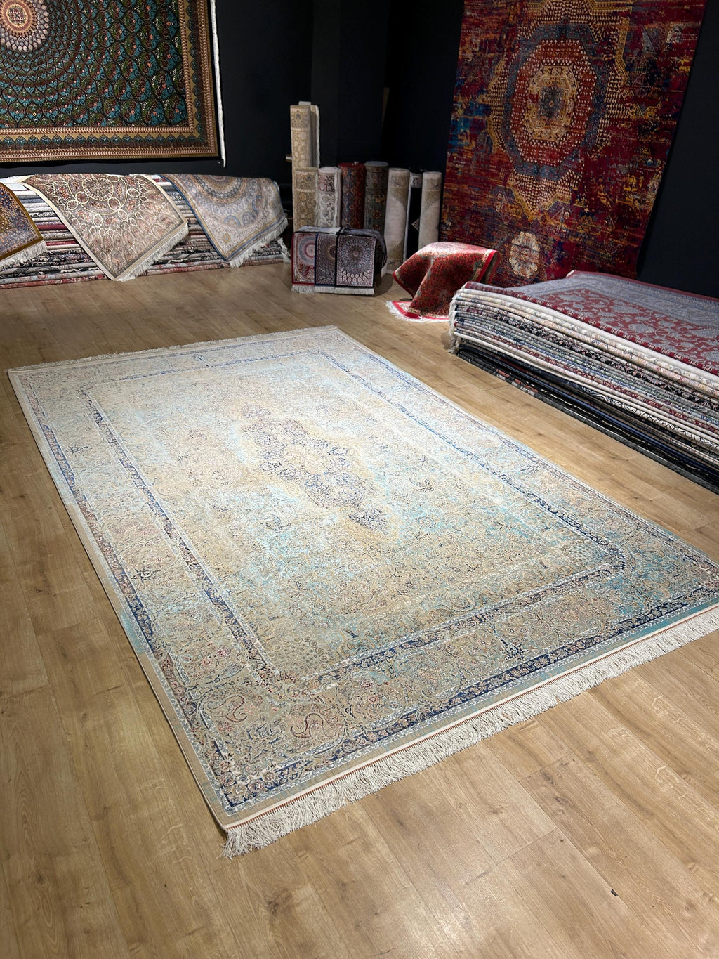 Beige Blue Silk Rug, Classic Silk Carpet with Distressed Pattern