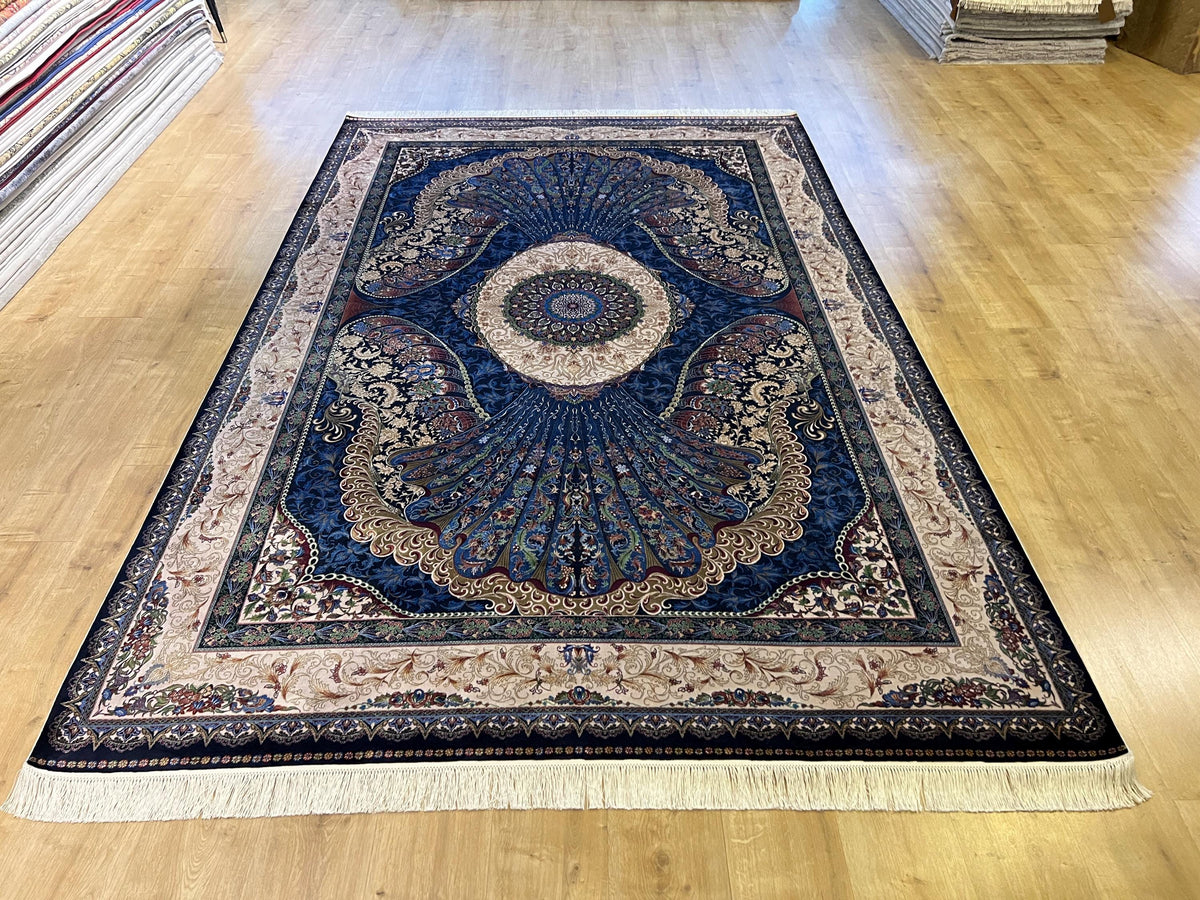 7x10 ft Navy Silk Rug with Peacock Medallion, Classic Luxury Design