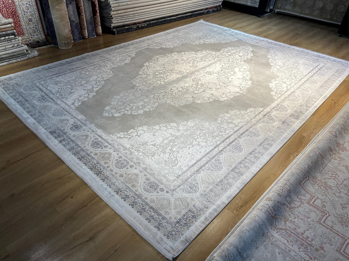 Gray Bamboo Rug, 10x13 ft, Large Classic Medallion Design Area Rug