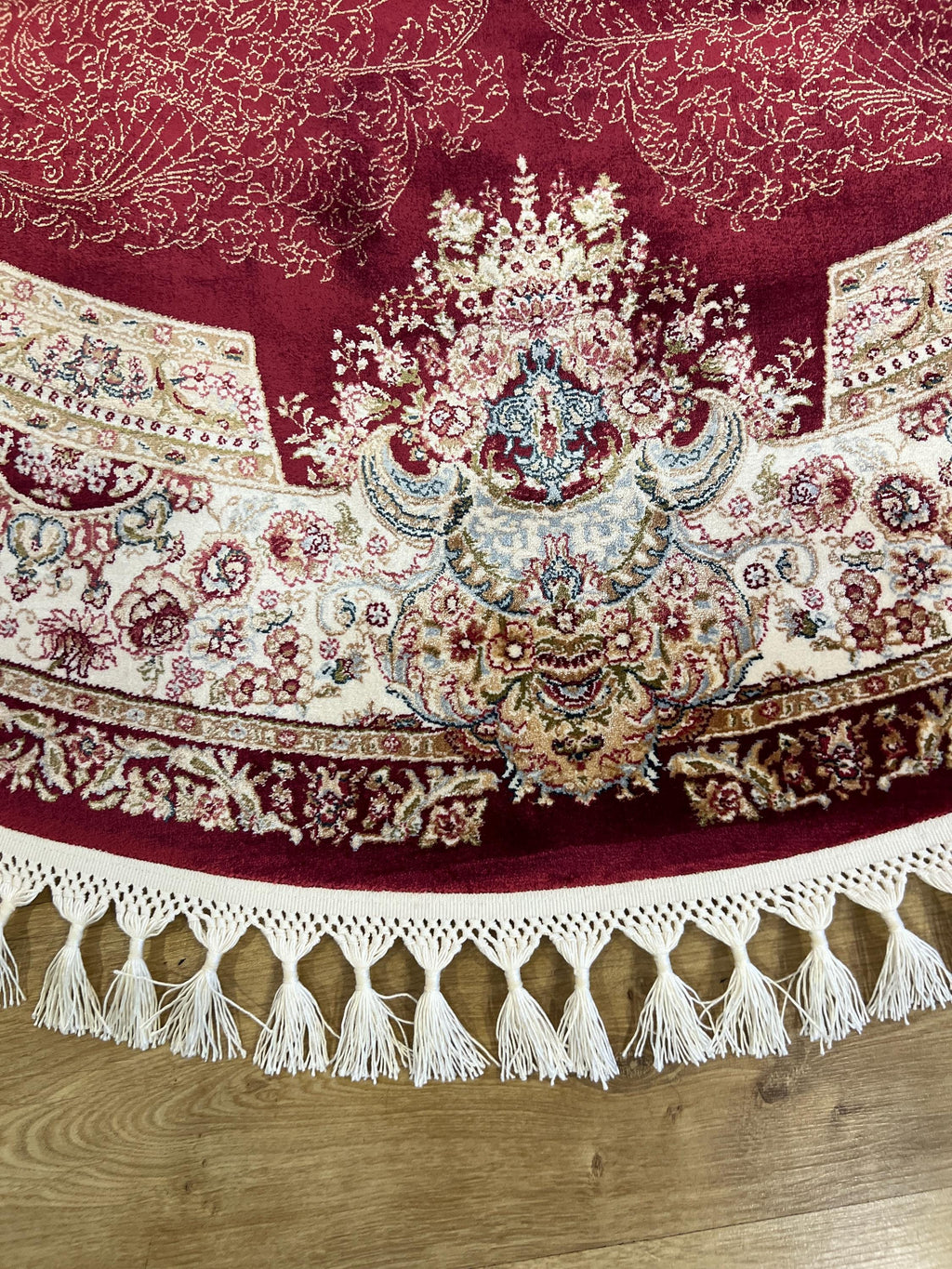 Round Silk Rug, Red Classic Turkish Carpet, Floral Medallion