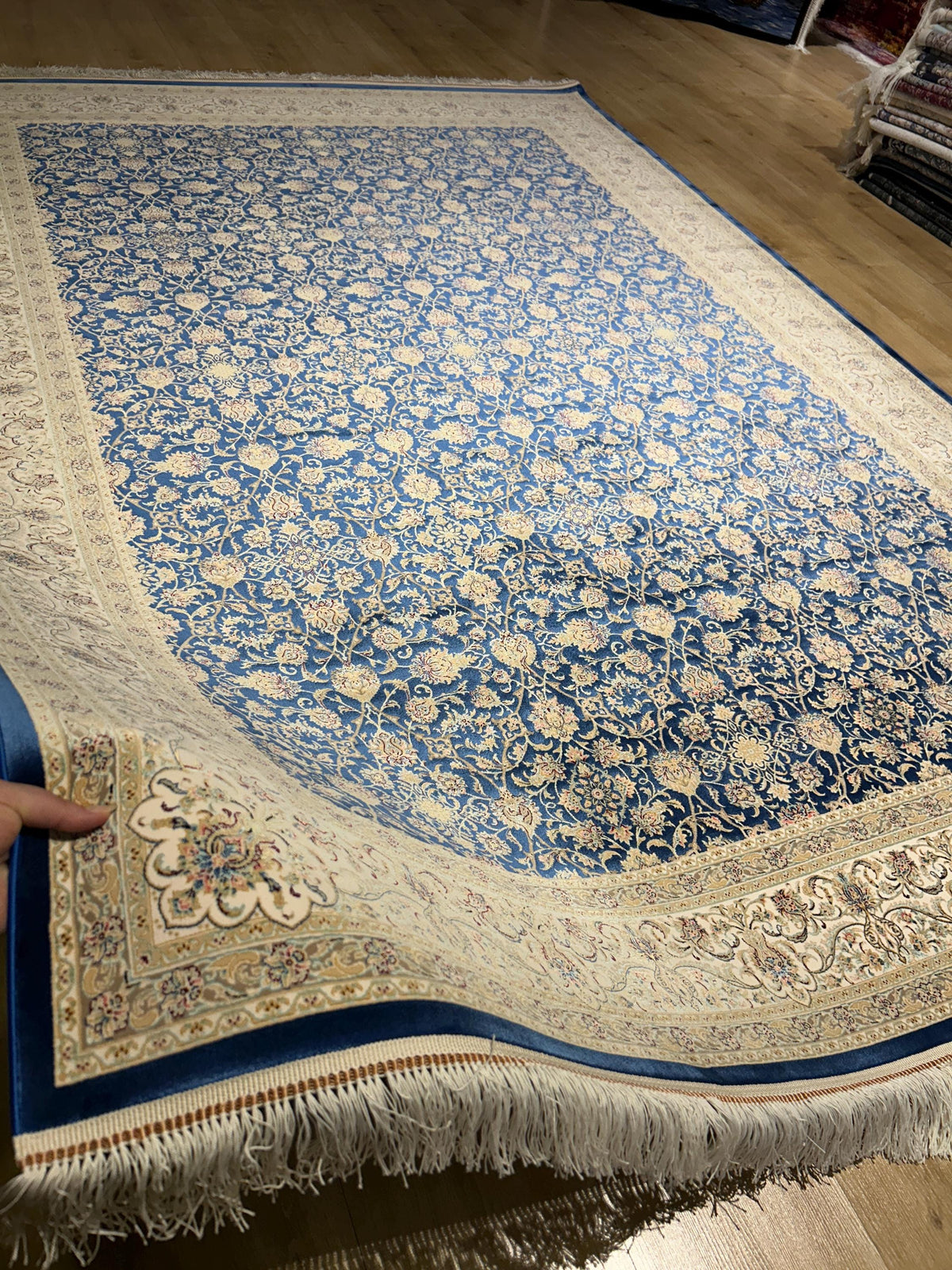 Blue Silk Rug, Classic Silk Carpet with Floral Pattern