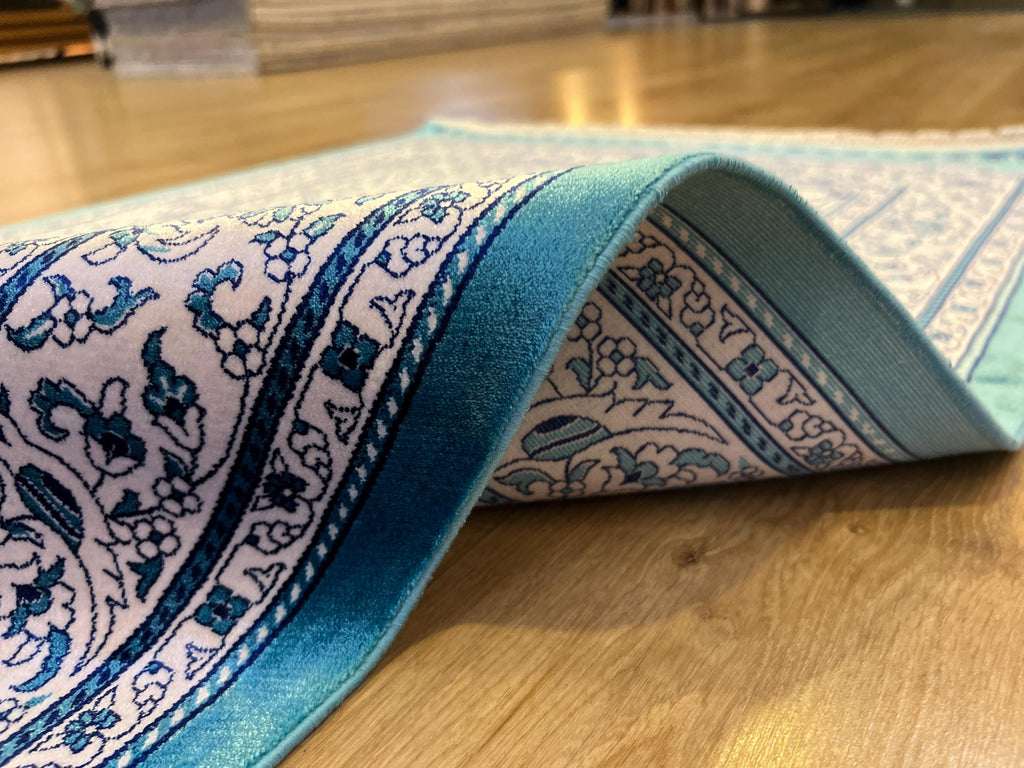 Blue Silk Muslim Prayer Rug, Janamaz Mat, Prayer Gift 2.62X4.10 ft