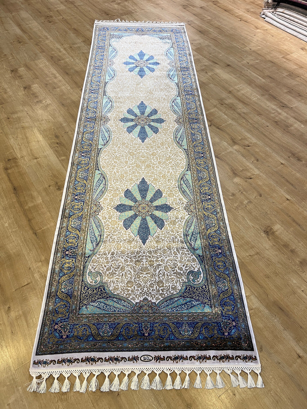 Turquoise Gold Medallion Silk Runner Rug, 3x10 ft, Classic Luxury Hallway Rug