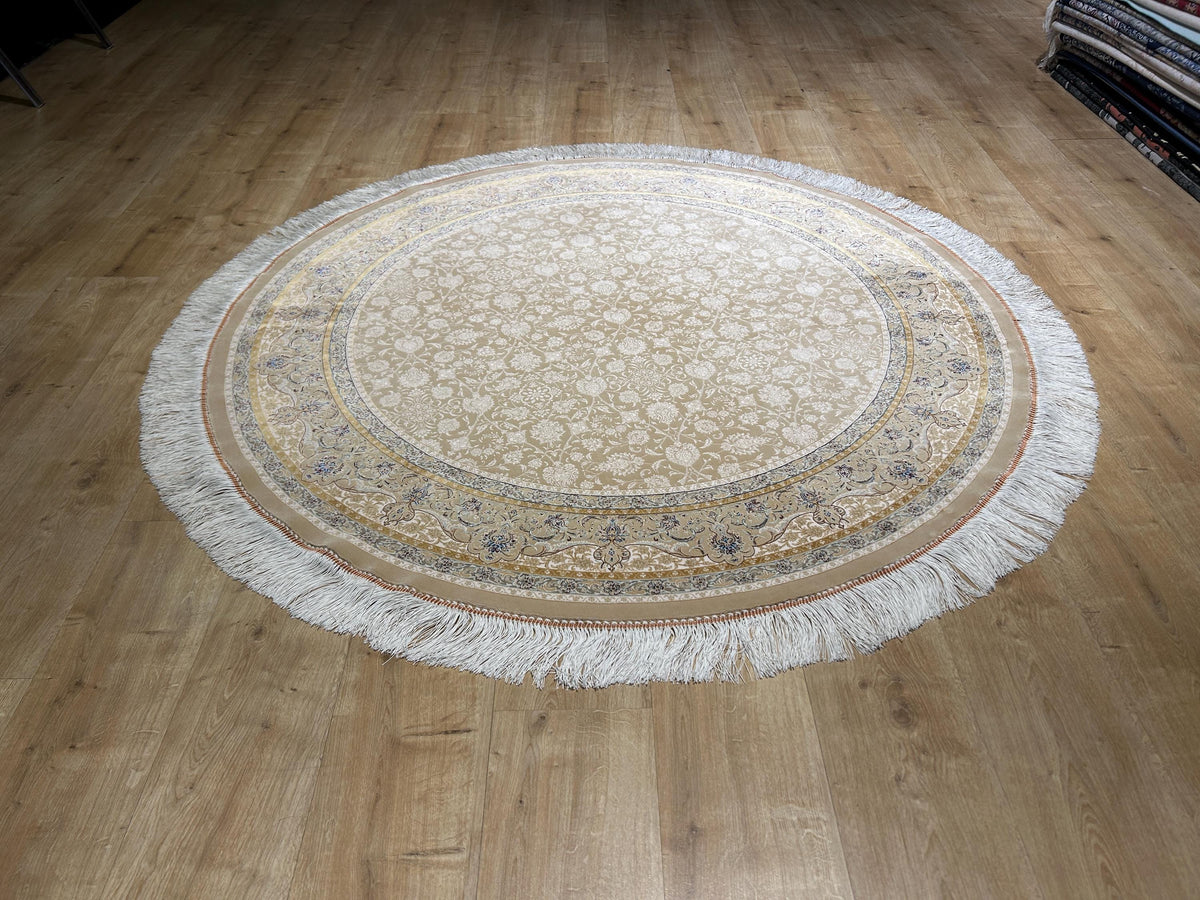 5x5 ft Beige Round Silk Rug, Classic Turkish Style Carpet, Floral Design