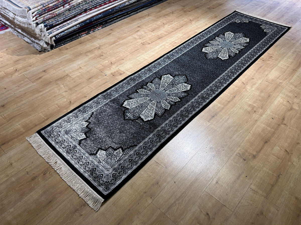 3x10 ft Black Gray Runner Silk Rug, Medallion Design, Classic Luxury Area Rug