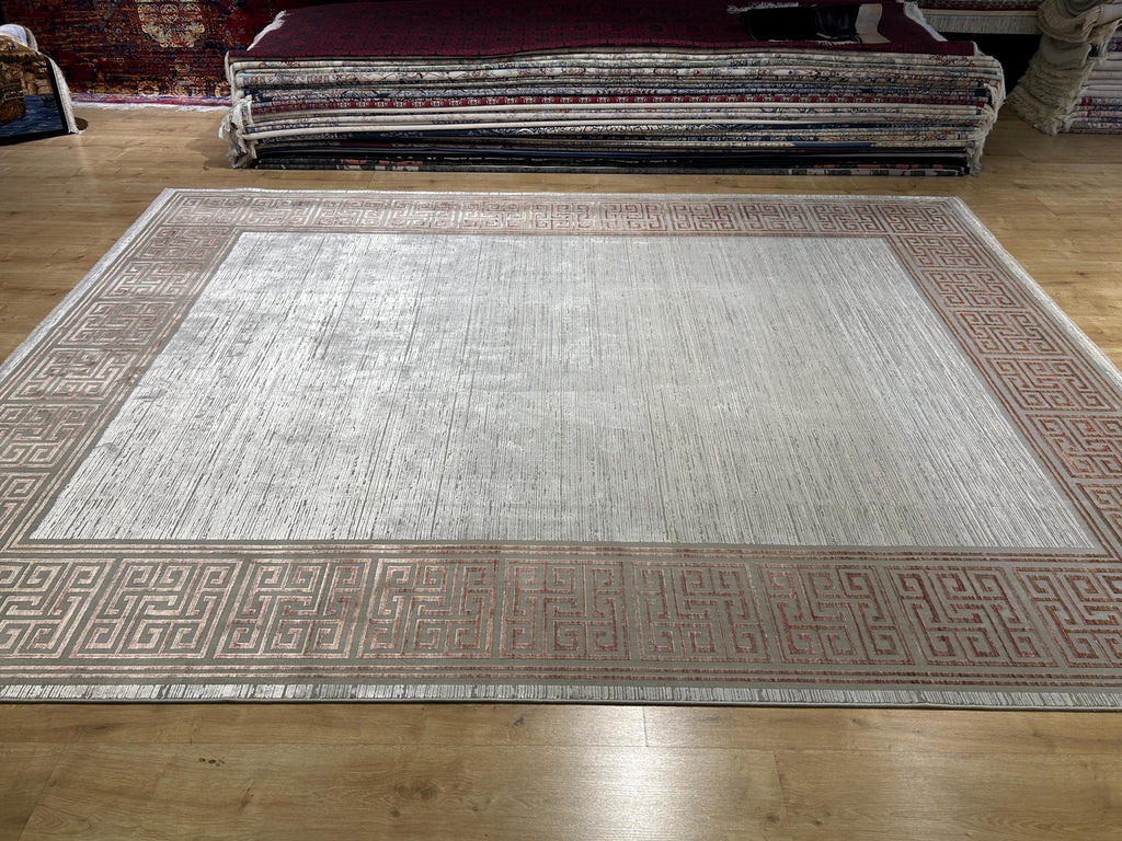 8x10 ft Brick Colour Gray Cream Bamboo Rug, Bordered Minimalist Modern Rug