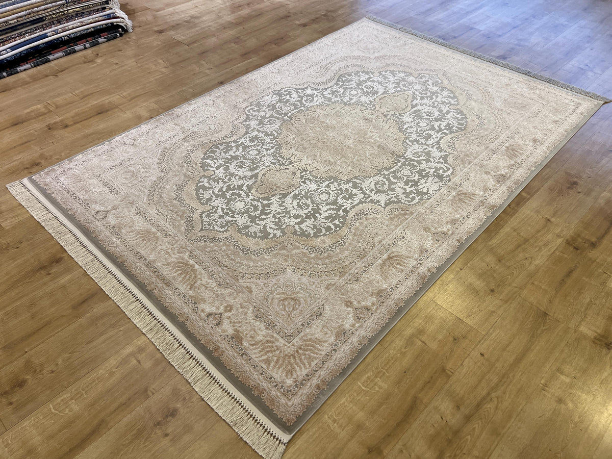 5x8 ft Gray Beige Bamboo Rug with Classic Medallion Design