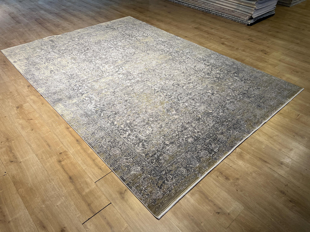 7x10 Ft Gray Yellow Bamboo Rug with Antique Distressed Pattern