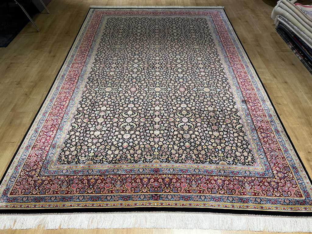 7x10 Ft Black Silk Rug With Red Border, Traditional Floral Classic Design