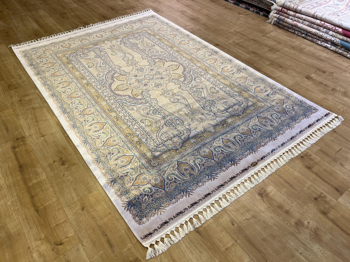 Blue Gold Silk Rug, Medallion Design Classic Silk Carpet