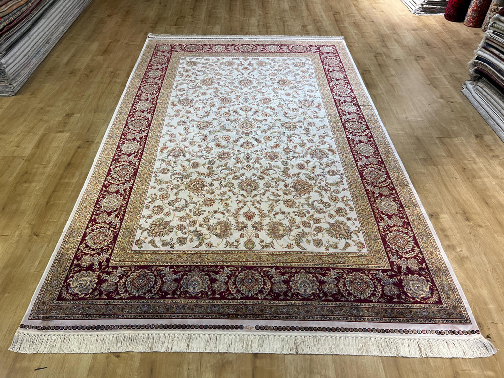 7x10 ft Turkish Silk Rug, Red Beige Floral Carpet
