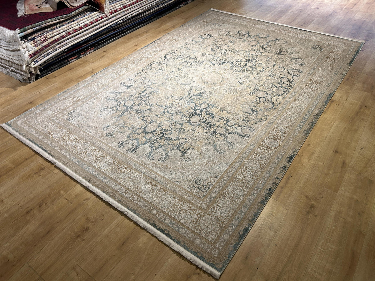 Beige Blue Silk Rug, Distressed Pattern Medallion Design, Classic Silk Carpet