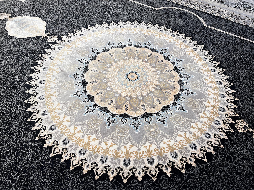 10x13 ft Black Classic Medallion Silk Rug with Gold Motifs, Big Silk Carpet