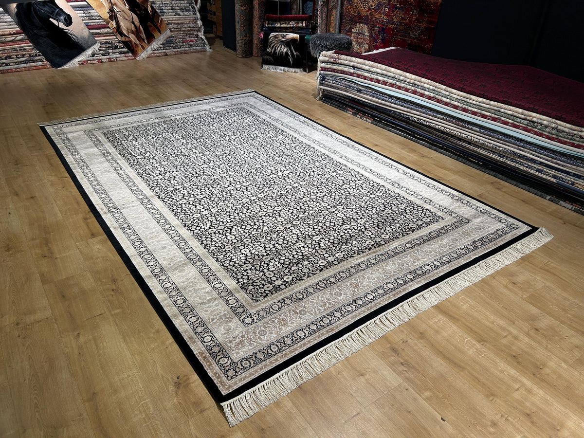 Black Silk Rug with Beige Floral Pattern, Classic Turkish Rug
