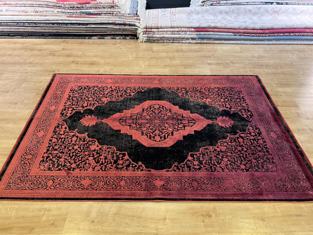 5x8 ft Black Bamboo Rug with Red Medallion and Border