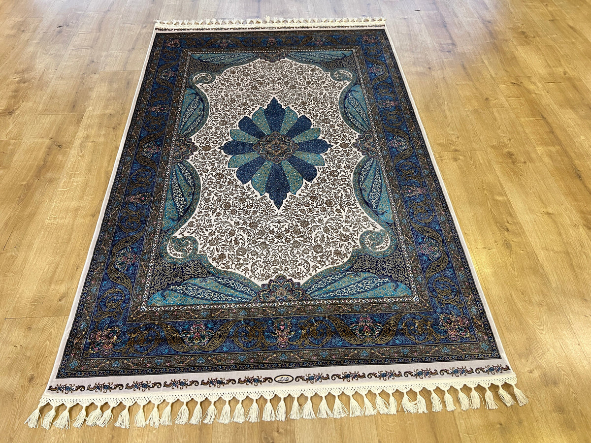 Ivory Silk Rug with Blue Medallion, 4x6 ft, Classic Turkish Style Area Rug