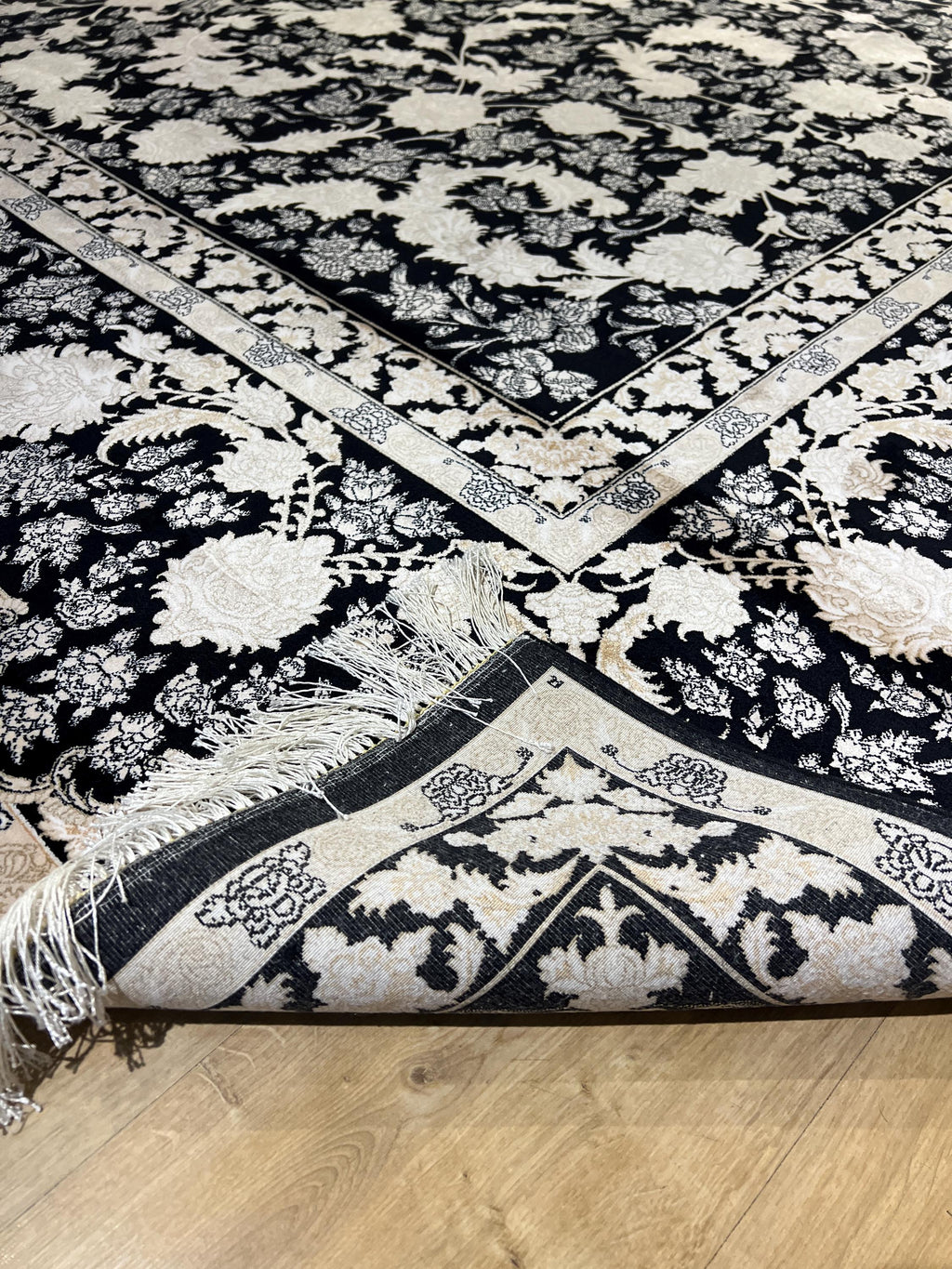 10x13 ft Black Classic Silk Rug with Gold Floral Motifs, Big Silk Carpet