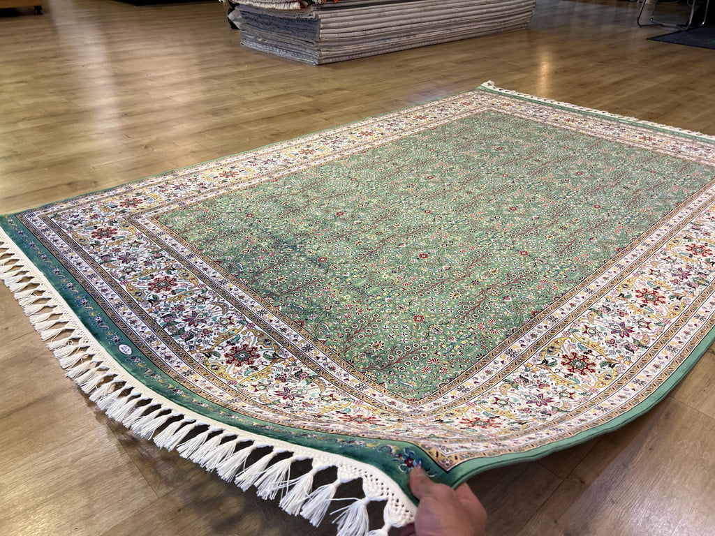 Green Floral Silk Rug with Ivory Frame Classic Turkish Design