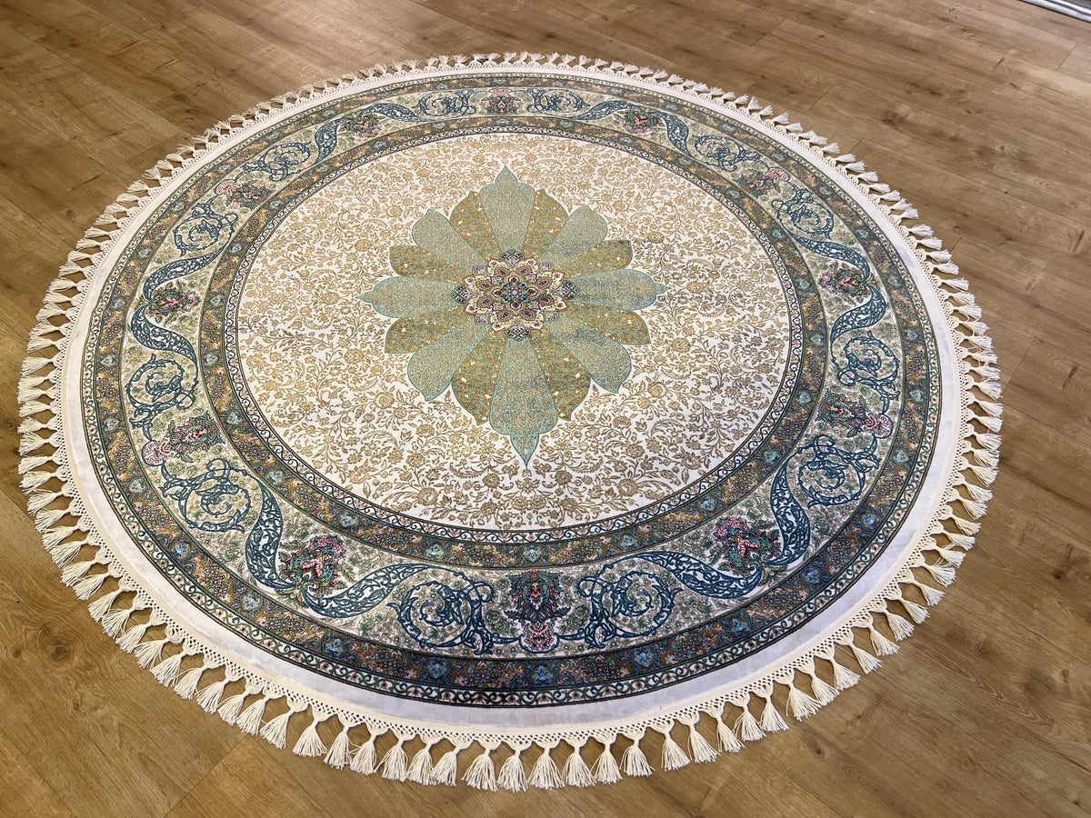 Floral Silk Circle Rug, Green Blue Gold, Turkish Carpet (5.24 ft)