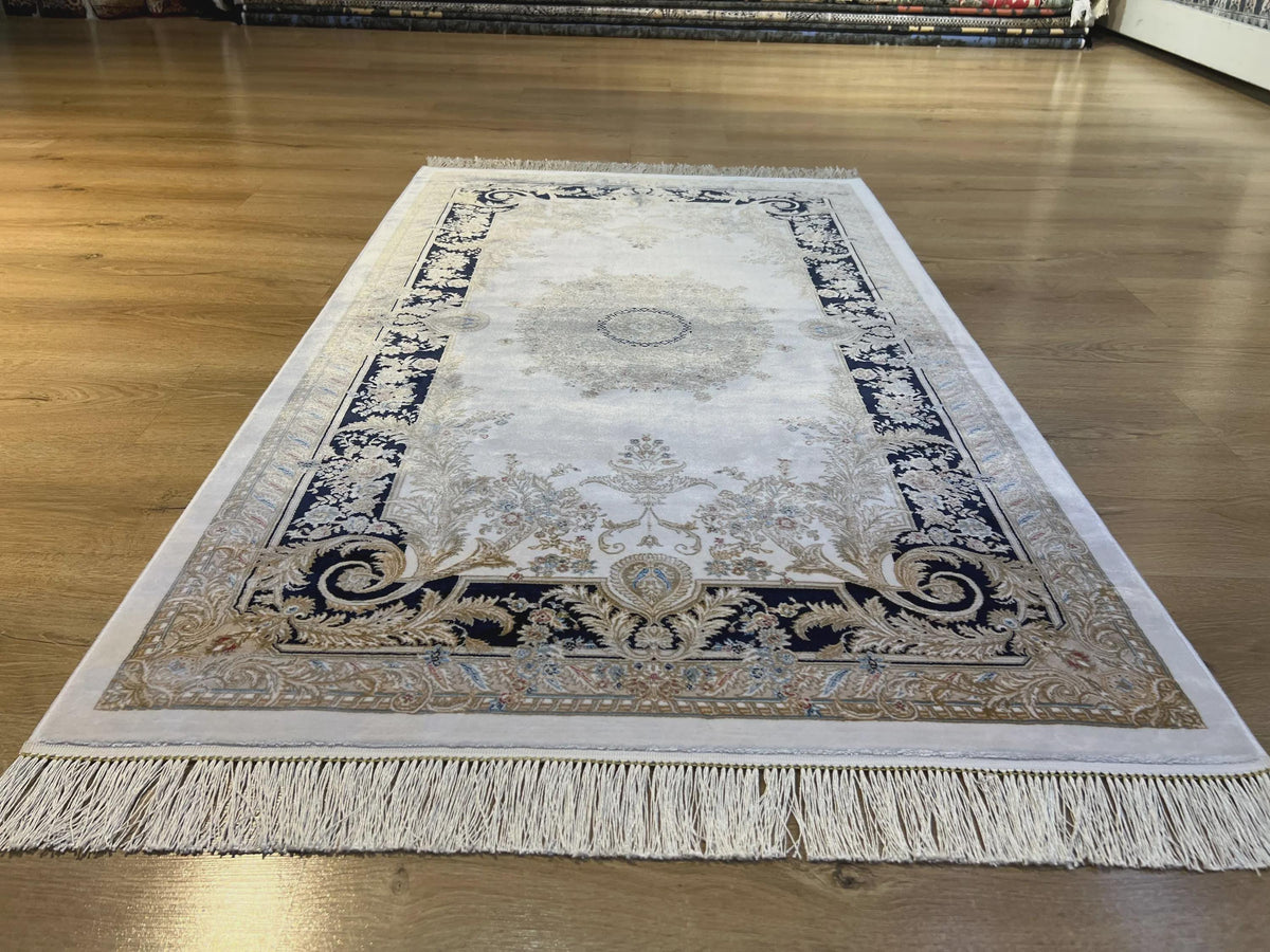 3x5 ft Ivory Silk Rug with Navy Blue Border Gold Medallion, Classic Turkish Rug