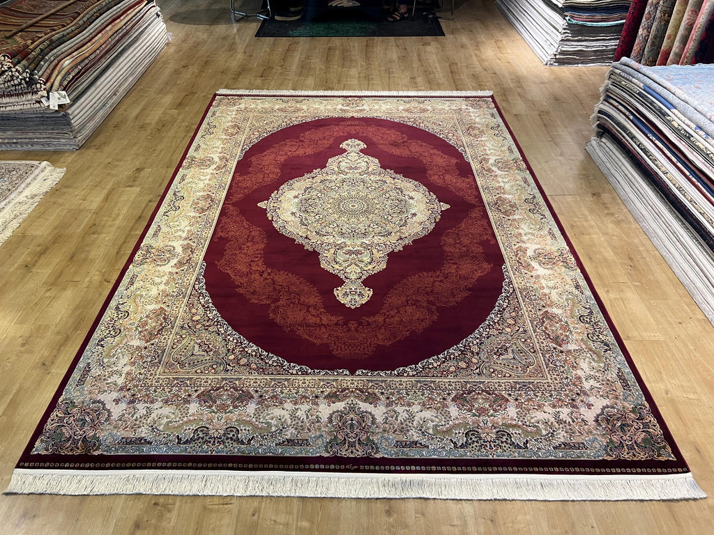 Red Beige Silk Palace Rug, 8x11 ft, Turkish Carpet
