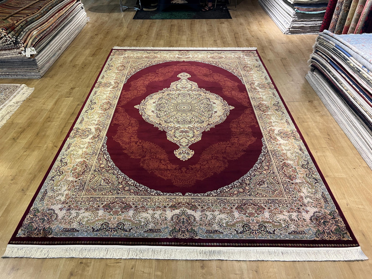 Red Beige Silk Palace Rug, 8x11 ft, Turkish Carpet
