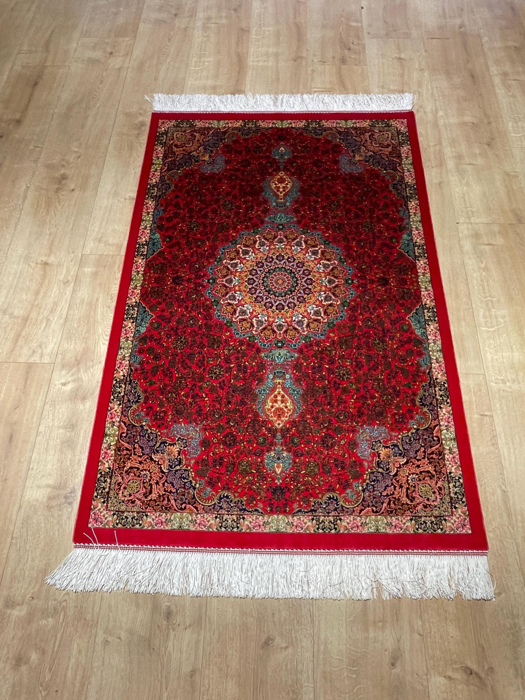 Red Small Silk Rug, Medallion Design Small Gift Carpet, Luxury Home Decor