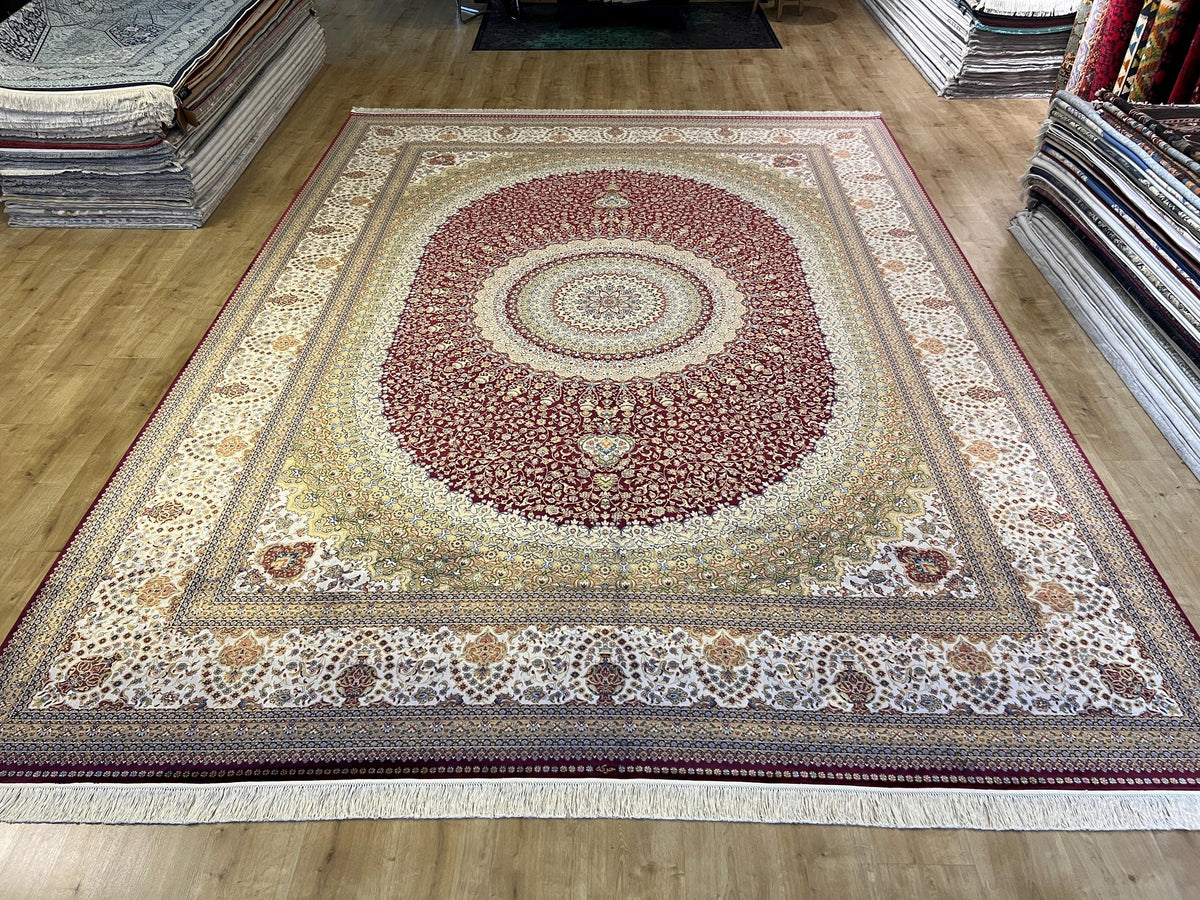 Red Medallion Silk Rug, 10x13 ft, Large Classic Traditional Area Rug